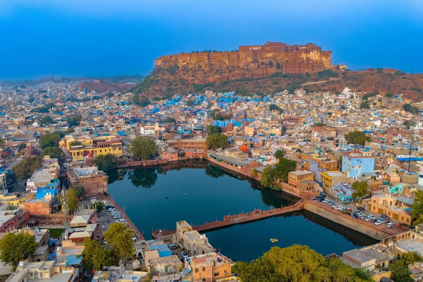 Mehrangarh Fort rising above the blue houses of Jodhpur