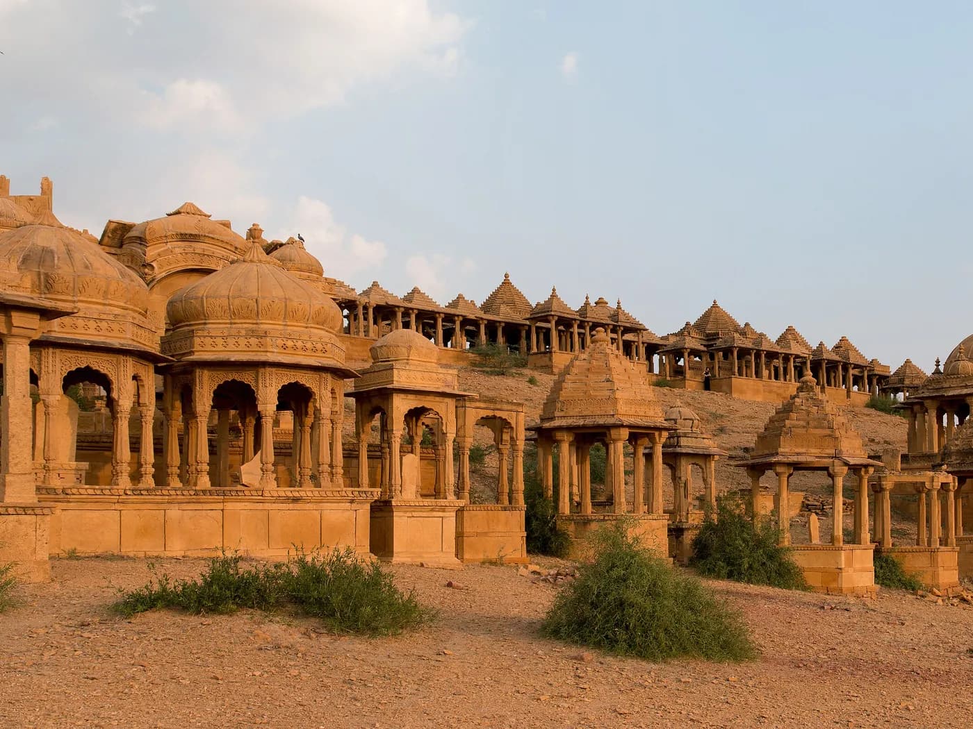 Rows of sandstone cenotaphs on the ridge at Bada Bagh near Jaisalmer