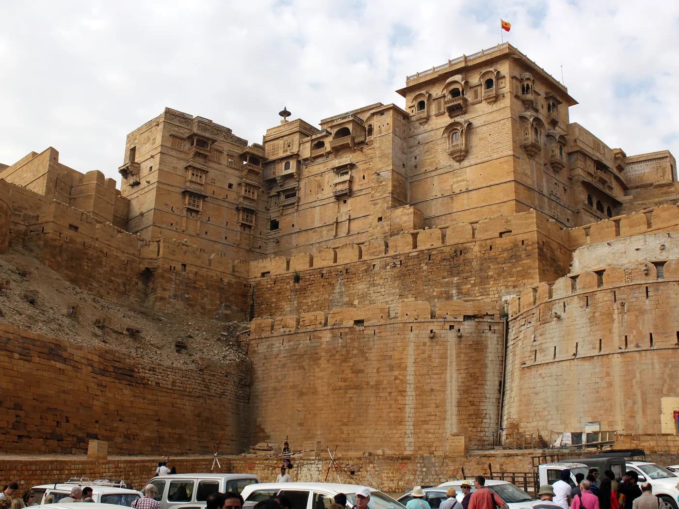 Golden sandstone bastions of Jaisalmer Fort catching low sunlight